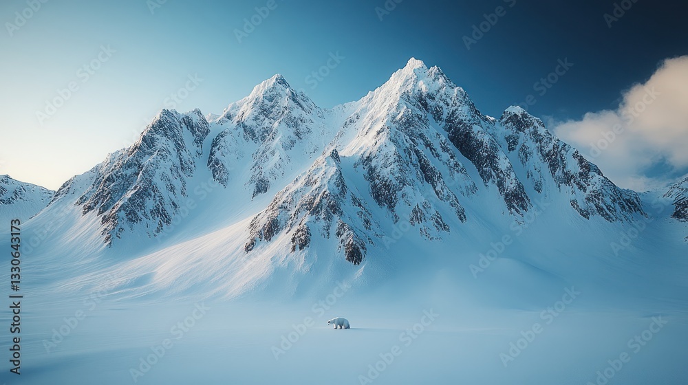 Obraz premium Majestic Arctic Landscape: A Polar Bear's Solitude Amidst Snow-Covered Peaks