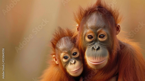 Discover the bond between a young orangutan and its mother in this heartwarming portrait of family and wild beauty.
