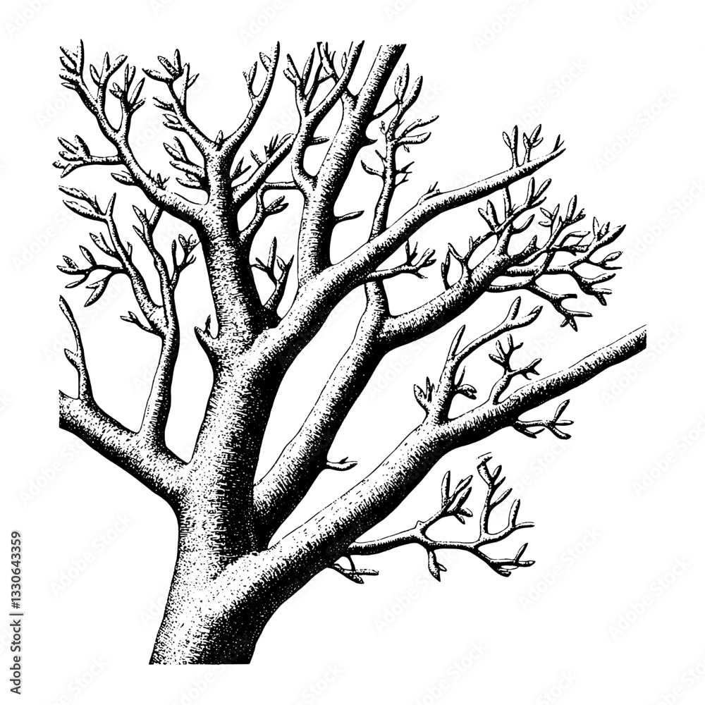 Fototapeta premium Intricate hand-drawn vector illustration of a vintage tree with detailed branches and budding leaves for creative projects