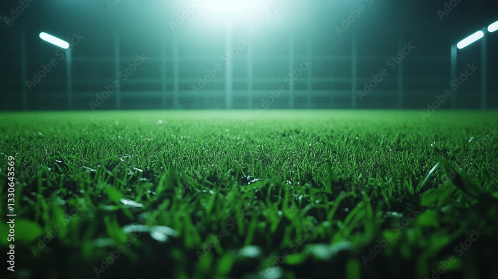 Cinematic football stadium view with lush green grass, dramatic lighting, and dynamic sports atmosphere.