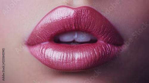 Close Up Of Pink Lips Wearing Glossy Lipstick