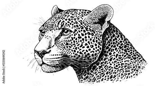 Engraved hand-drawn illustration of a leopard showcasing intricate details of its fur and expressions