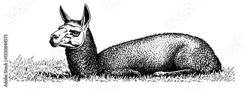 Vintage hand-drawn engraving of a unique creature lying in grass, capturing the essence of craftsmanship and artistry
