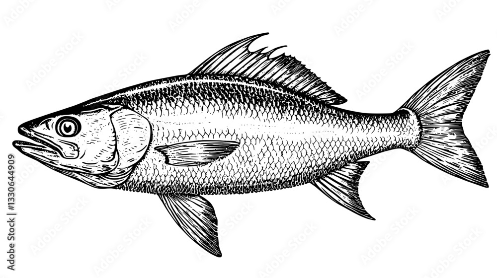 Obraz premium Detailed hand-drawn engraving of a vintage fish illustration for tattoo and product design applications