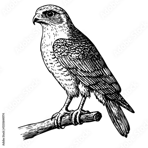 Engraved vintage illustration of a hawk perched on a branch showcasing detailed hand-drawn artistry