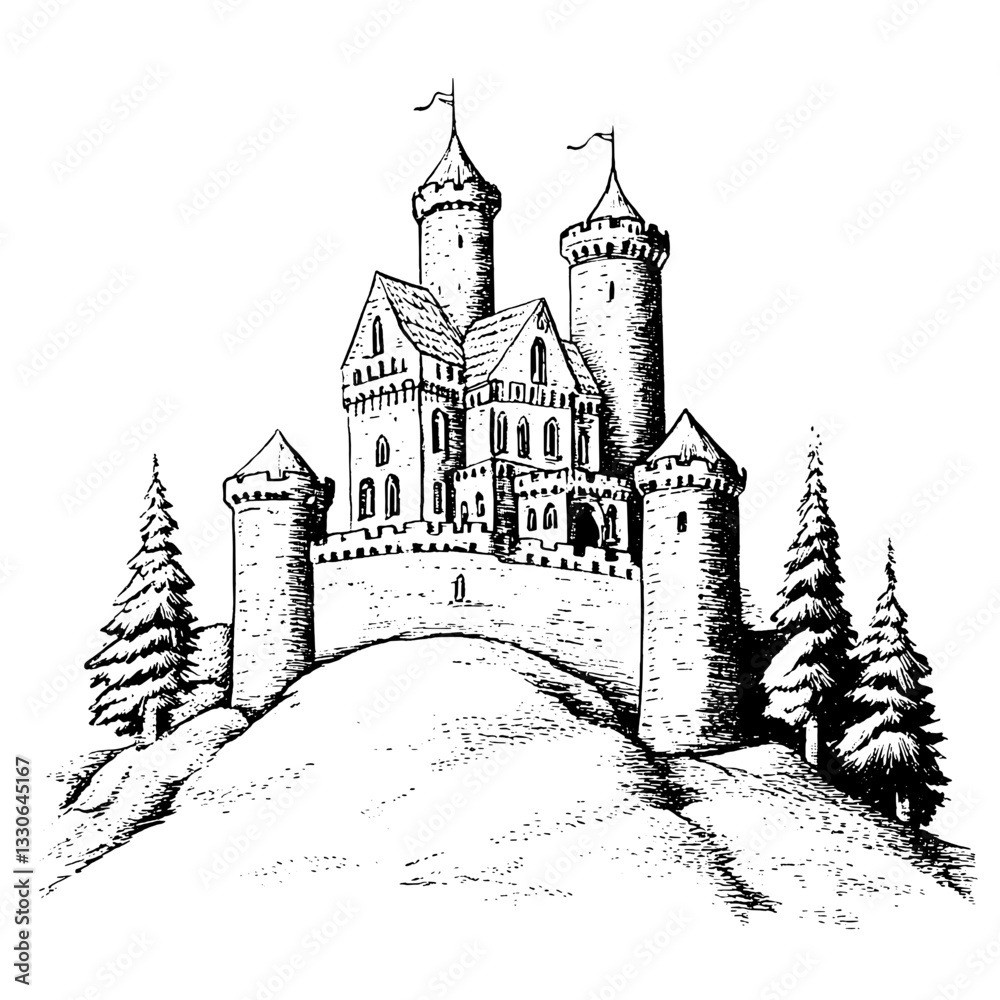 Obraz premium Detailed vintage hand-drawn castle illustration surrounded by trees as a classic product design element