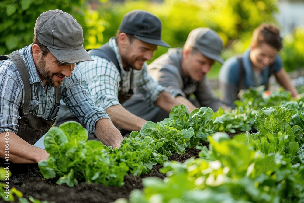 Workers harvest fresh greens in a community garden during a sunny afternoon Workers harvest fresh greens in a community garden during a sunny afternoon