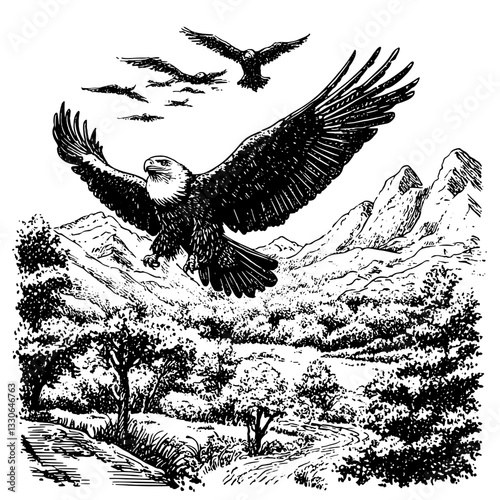 Impressive hand-drawn vintage illustration of an eagle soaring over a mountainous landscape