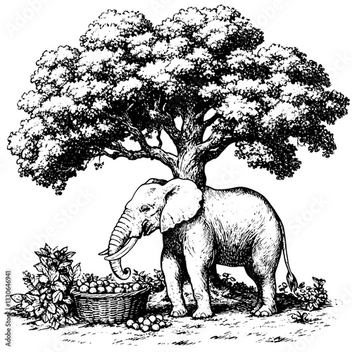 Engraved vintage illustration of an elephant standing under a large tree with a basket of fruit nearby