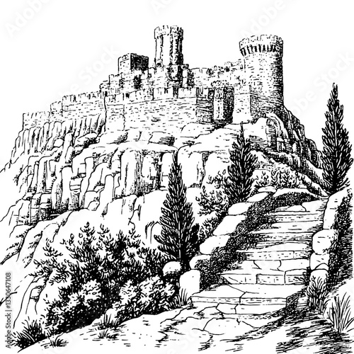 Engraved vintage illustration of a fortified castle on a rocky hill with stone steps leading to the entrance