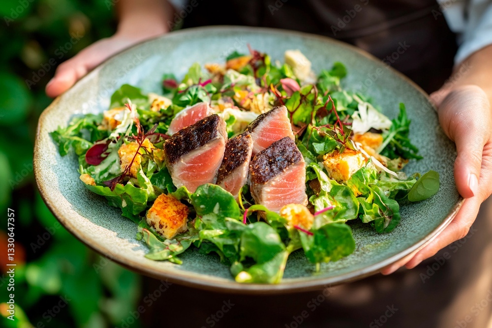 A person holds a beautifully arranged plate filled with mixed greens, seared tuna slices, and colorful ingredients. The setting features lush greenery, suggesting a pleasant outdoor atmosphere A person holds a beautifully arranged plate filled with mixed greens, seared tuna slices, and colorful ingredients. The setting features lush greenery, suggesting a pleasant outdoor atmosphere