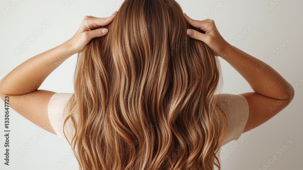 Minimalist Hair Care and Glossy Hair, Woman Running Fingers Through Her Beautiful Wavy Hair in Soft Light Minimalist Hair Care and Glossy Hair, Woman Running Fingers Through Her Beautiful Wavy Hair in Soft Light