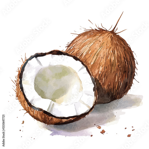 Watercolor hand-painted sliced and whole coconut and green leaves with realistic texture on a white background, botanical fruit illustration, flat watercolor painting, simple and detailed design.