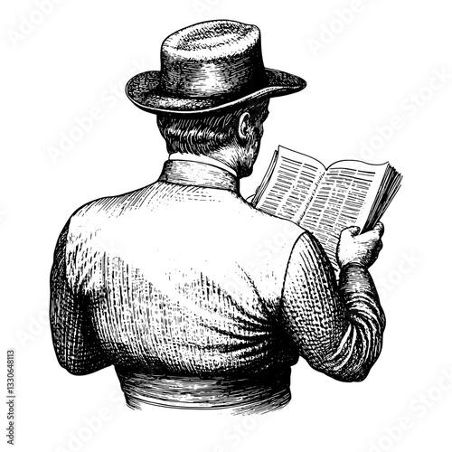 Vintage engraved illustration of a man reading a book in classic attire