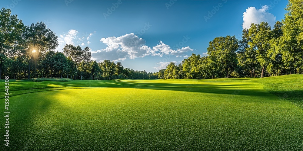 Obraz premium Lush Green Golf Course Landscape with Sunny Sky and Peaceful Surroundings Ideal for Recreation and Sports Photography
