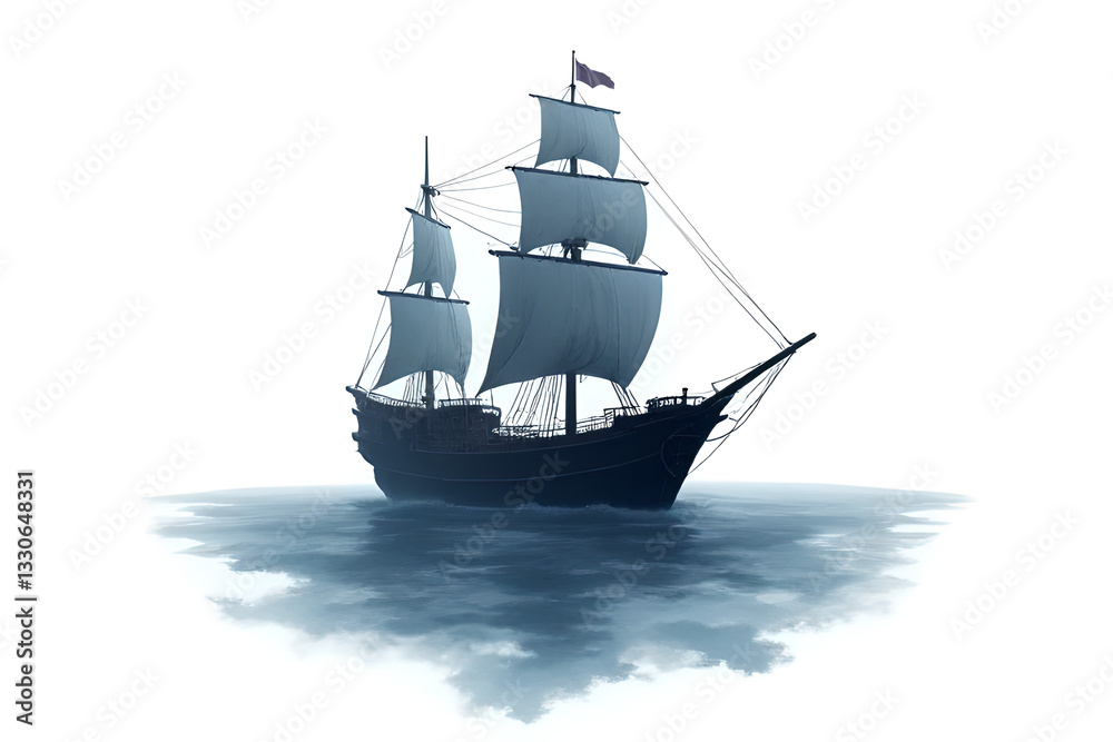 Obraz premium Haunting Ghost Ship Watercolor Clipart, Die Cut, Hyper-Realistic, Centered Image on White Background