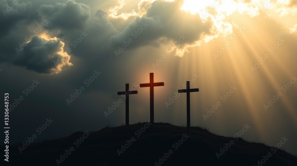 Naklejka premium Three Crosses Silhouette at Sunset Dramatic Religious Image