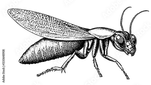 Detailed hand-drawn engraving of a vintage insect showcasing intricate features for tattoo and packaging design