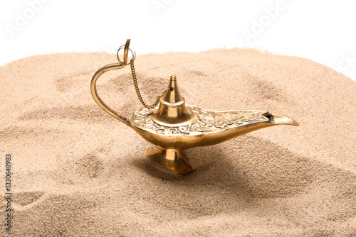 Lamp of Aladdin with sand on white background