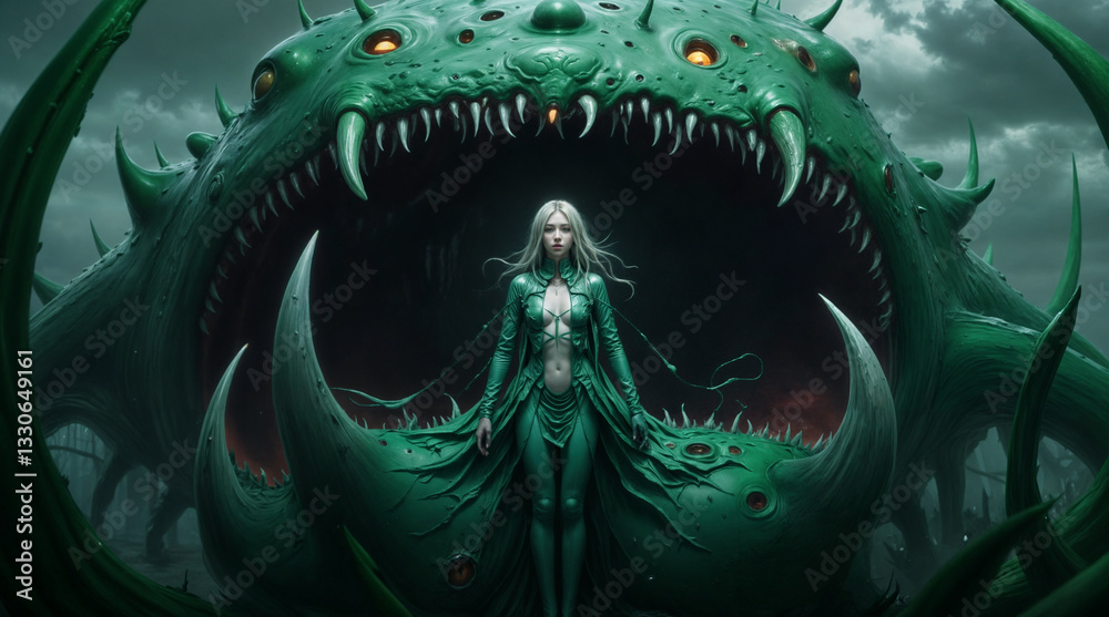Naklejka premium Ta humanoid figure in a green, futuristic outfit standing in front of a large, menacing green creature with multiple eyes and sharp teeth, set against a dark, stormy sky.