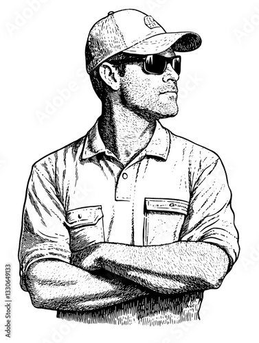 Hand-drawn vintage illustration of a confident man wearing sunglasses and a cap with crossed arms