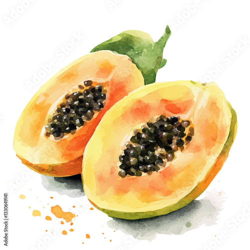 Simple Watercolor hand-painted sliced papaya and green leaves with realistic texture on a white background, botanical fruit illustration, flat watercolor painting, simple and detailed design, eps
