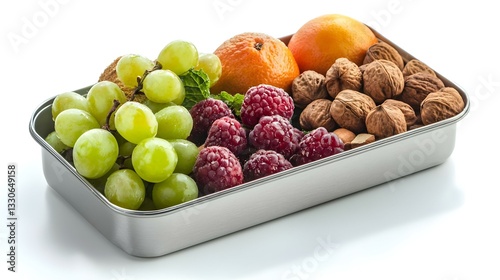 fruits and nuts in lunchbox on white background