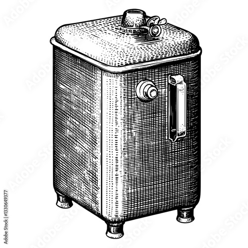 Vintage hand-drawn illustration of a classic metal container designed for various stores and packaging uses