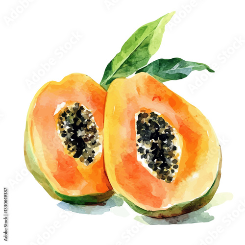 Simple Watercolor hand-painted sliced papaya branch and green leaves with realistic texture on a white background, botanical fruit illustration, flat watercolor painting, simple and detailed design