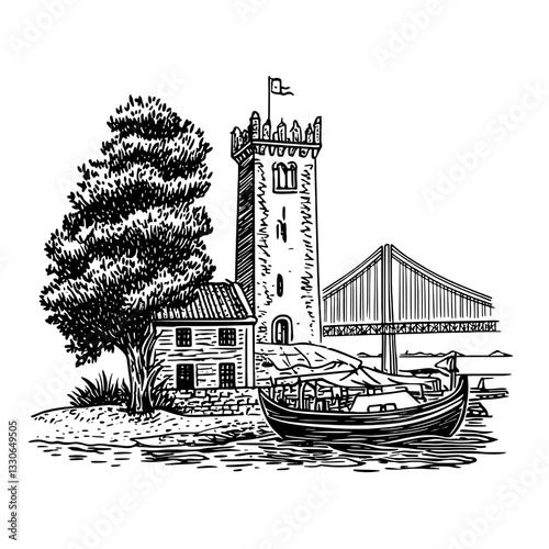 Engraved hand-drawn vintage illustration of a coastal landscape with a tower, boat, and bridge