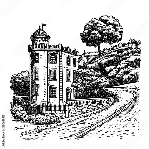 Vintage hand-drawn engraved illustration of a charming tower by a winding road with trees on a hillside