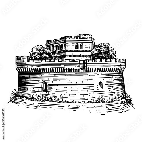 Vintage engraved illustration of a historic fortress with elaborate battlements and surrounding greenery