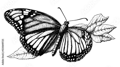 Delicate hand-drawn vintage butterfly illustration with intricate details and natural elements in black and white style