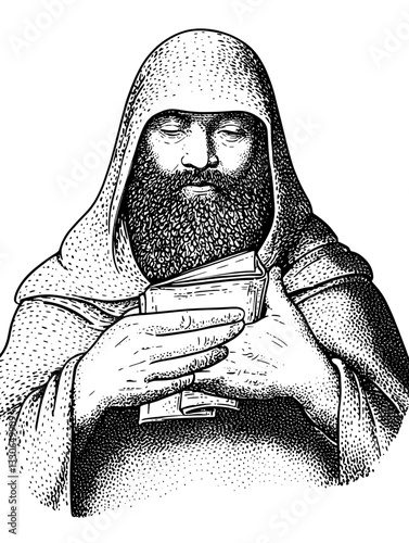 Engraved illustration of a bearded figure in a hooded robe holding books, showcasing vintage vector art style