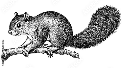 Vintage engraved illustration of a squirrel perched on a branch, showcasing intricate details and textures in hand-drawn style