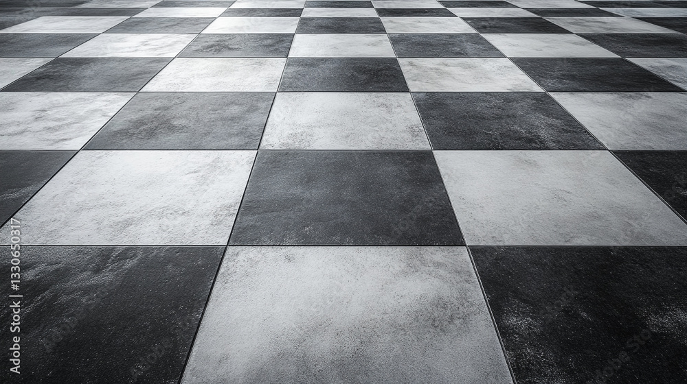 Black and white checkered floor with marble texture creating a chessboard pattern in a stylish architectural design.