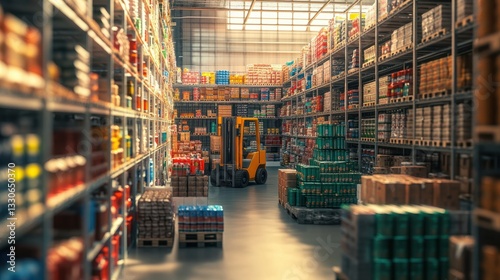 Wholesale Warehouse with Stacked Shelves and Forklift in Aisle