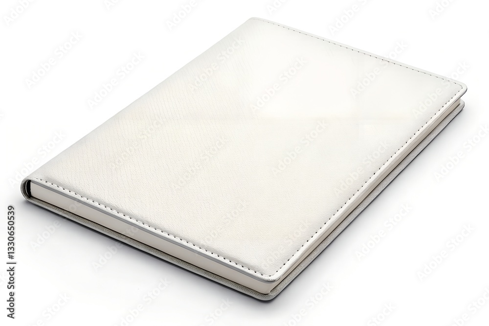 Closed white leather notebook mockup with a smooth, stitched cover. A clean and refined design for branding, corporate presentations, and stationery showcases.