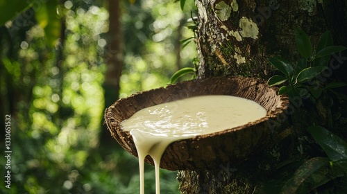 Fresh cut on a rubber tree trunk showing natural milky latex dripping into a bowl, surrounded by forest greenery