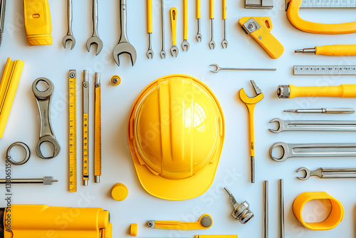 Obraz na płótnie Yellow hard hat and tools on white background w salonie