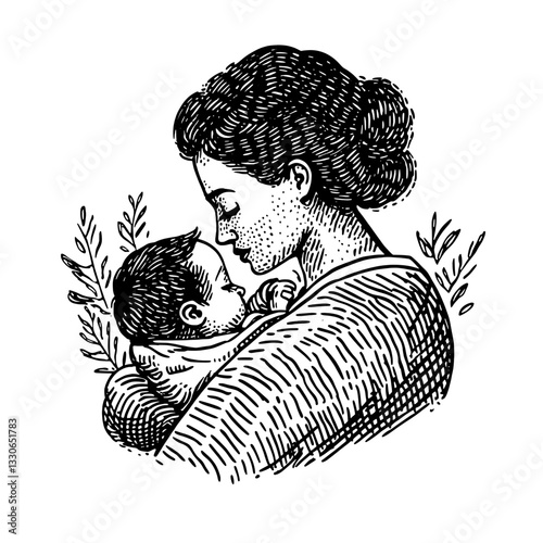 Illustration of a mother cradling her baby in a tender embrace surrounded by delicate foliage
