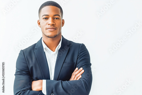 Young handsome black man with crossed arms looking at the camera. Positive Successful businessman, isolated on white transparent background