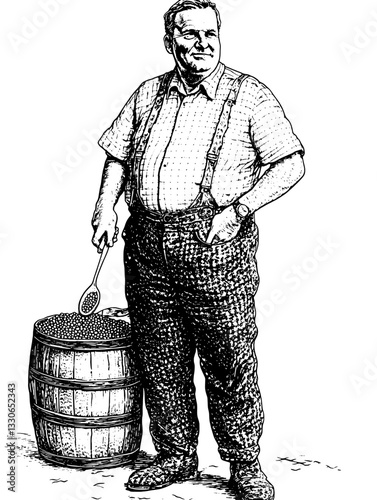Vintage hand-drawn illustration of a man with suspenders standing beside a barrel of harvested produce