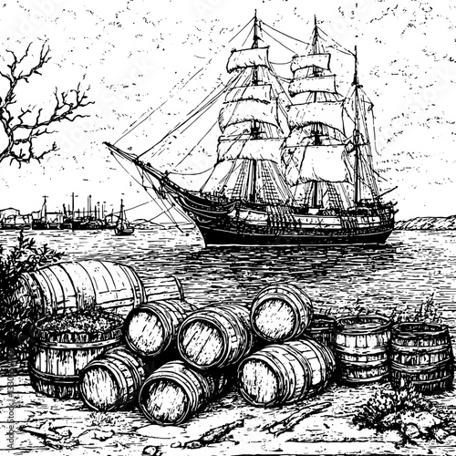 Engraved vintage illustration of a sailing ship with barrels on the shore in a harbor setting