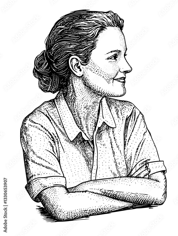 Obraz premium Hand-drawn vintage engraved illustration of a woman seated with arms crossed, showcasing intricate details and expression