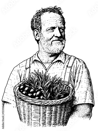 Vintage hand-drawn illustration of a man holding a basket filled with olives and herbs in a rustic setting