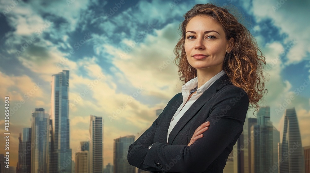 Confident Woman in Business Attire Against Urban Skyline Background Confident Woman in Business Attire Against Urban Skyline Background