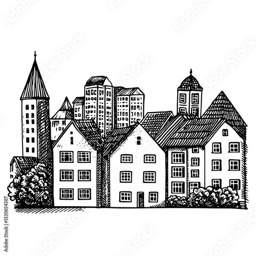 Engraved vintage vector illustration of a quaint town with various architectural styles and structures