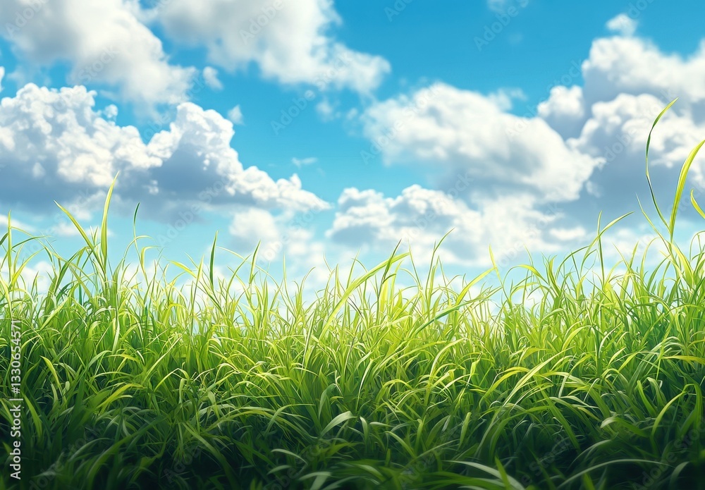 Obraz premium Lush Green Grass Underneath Bright Blue Sky with Fluffy White Clouds Creating Serene Nature Background for Outdoor Scenes and Landscapes