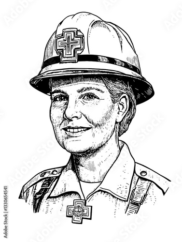 Engraved illustration of a female emergency responder in uniform with safety helmet and medical insignia